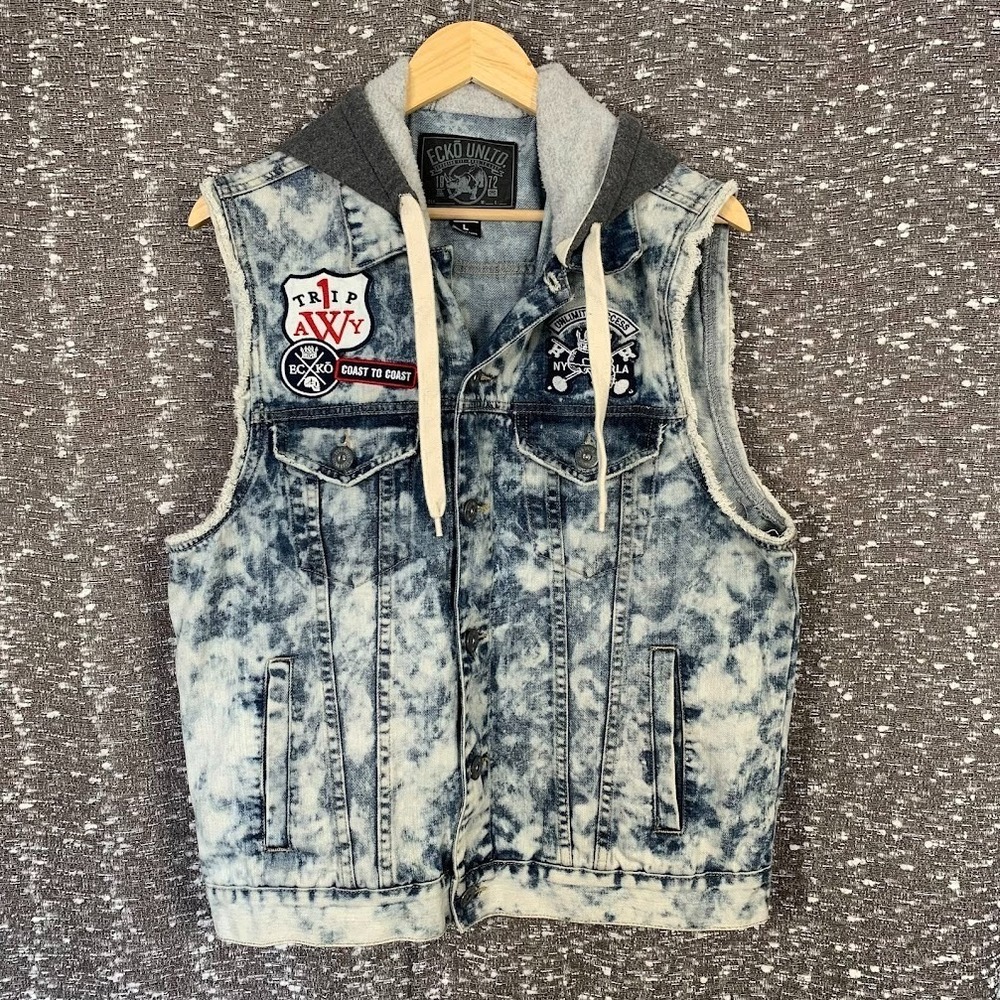 Ecko‎ Unltd Acid Wash Denim Hooded Vest Hip Hop Y2K Streetwear Men's Large